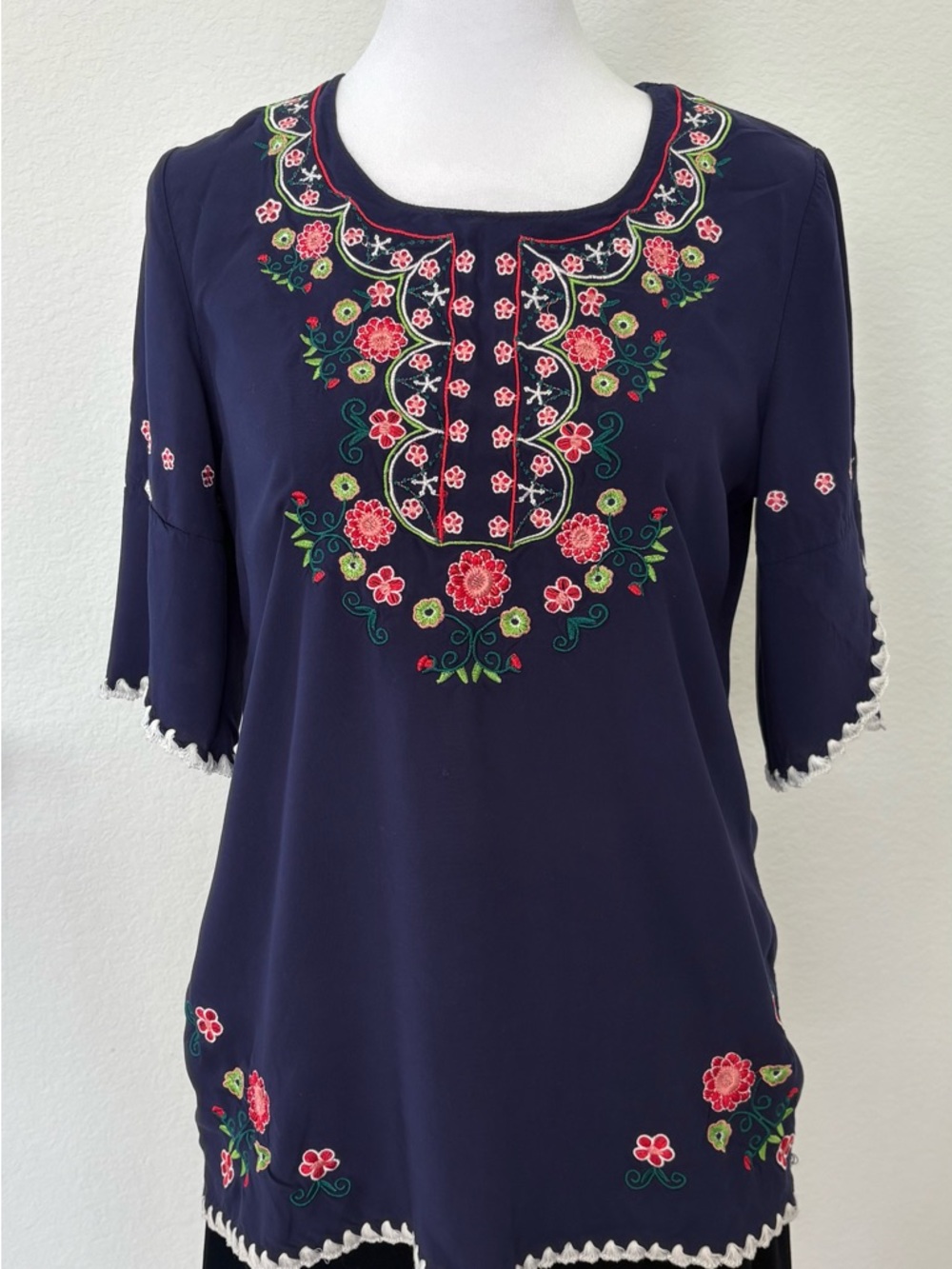 Navy Floral Embroidered Scoop Neck Blouse